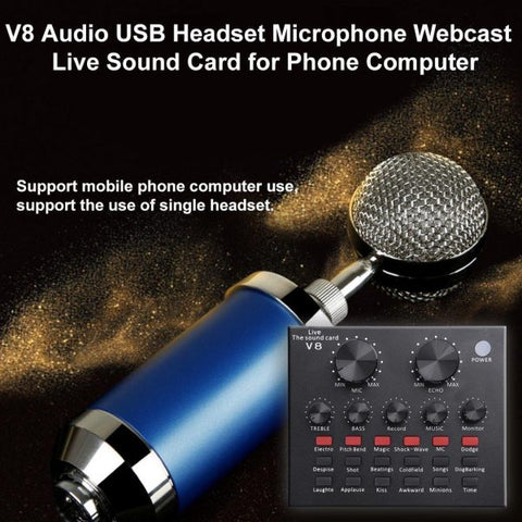 V8 Audio USB Headset Microphone Webcast Live Sound Card for Phone Computer