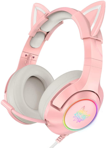 ONIKUMA Pink Gaming Headset with Removable Cat Ears, for PS5, PS4, Xbox One (Adapter Not Included), Nintendo Switch, PC, with Surround Sound, RGB LED Light & Noise Canceling Retractable Microphone