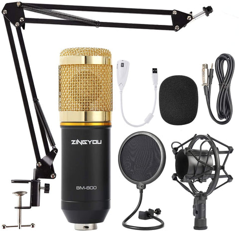 Kit de micrófono condensador BM-800 de Zingyou, con suspensión ajustable, montura de metal y filtro para grabación de estudio, Dorado